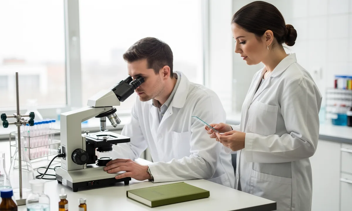 Two researchers examining a microscope slide at a bright laboratory bench