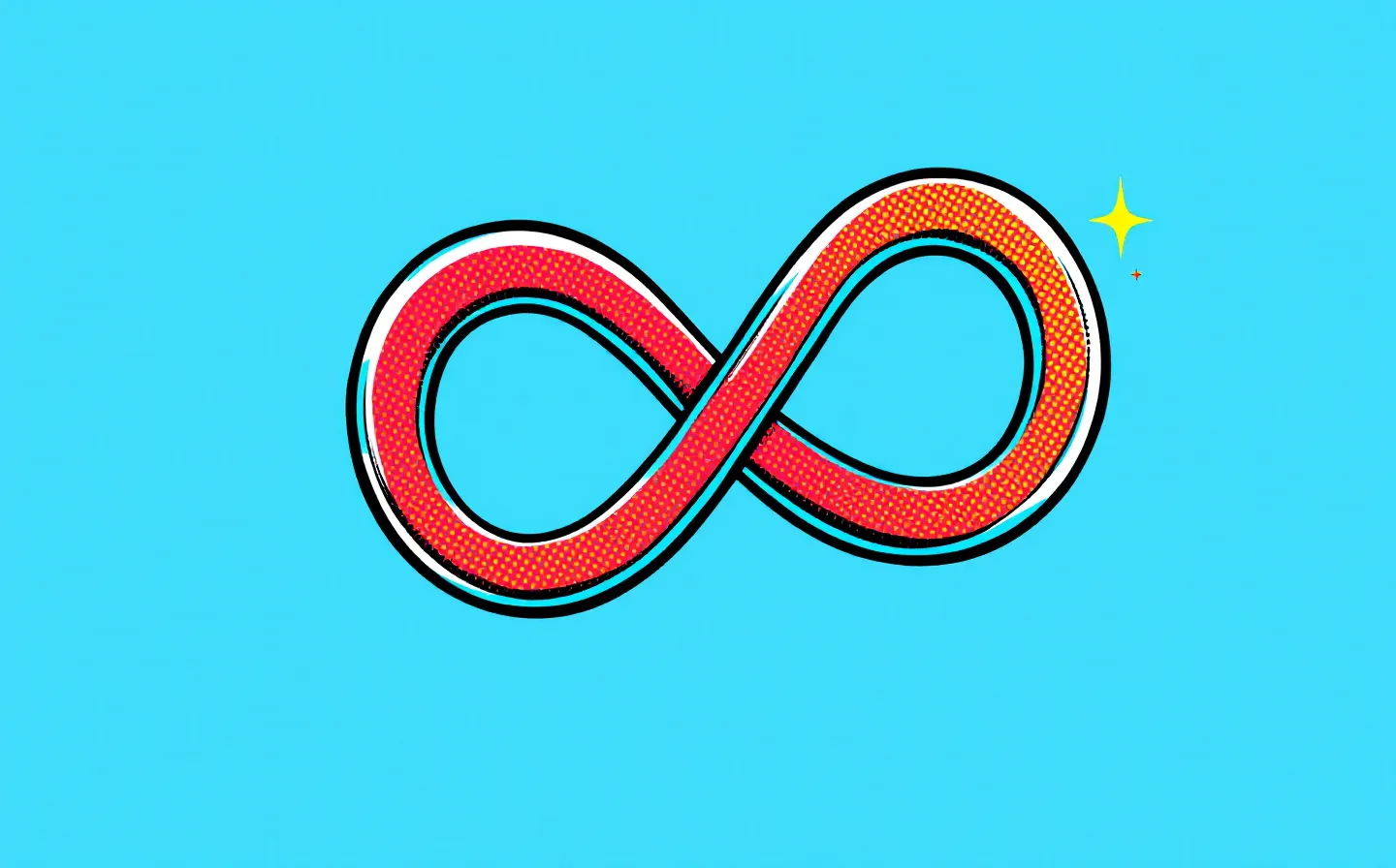 Bold flat comic emblem of an abstract pop-red peptide fragment capping both ends of a blue globular actin monomer, ink-outlined on a deep ink ground with ben-day dots
