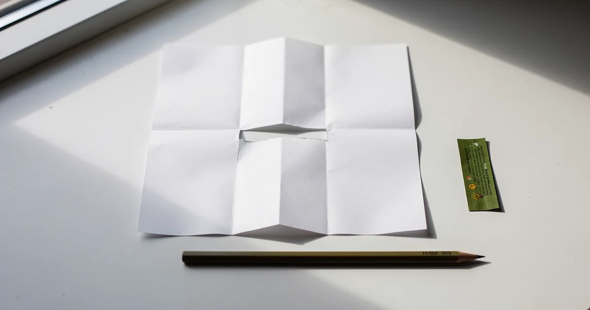 An unfolded white leaflet with a narrow piece cut away, beside an olive pencil