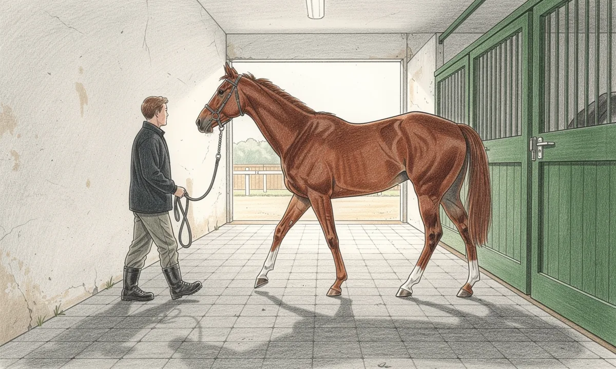 A horse and handler walking along a quiet racecourse stable passage