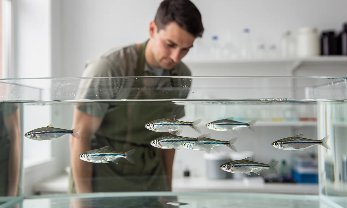 A technician observing striped zebrafish in a clear laboratory tank